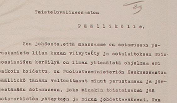 Sotamuseon perustamispyyntö vuodelta 1929. Kuva Puolustusvoimat.